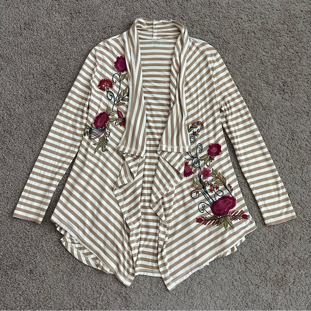 Soft Surroundings Cardigan Womens PXS Floral Embroidered Draped Open Front